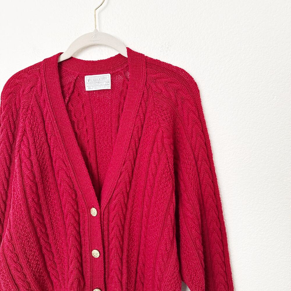 [Pendleton] Red Virgin Wool Cable Knit Grandpa Ca… - image 7